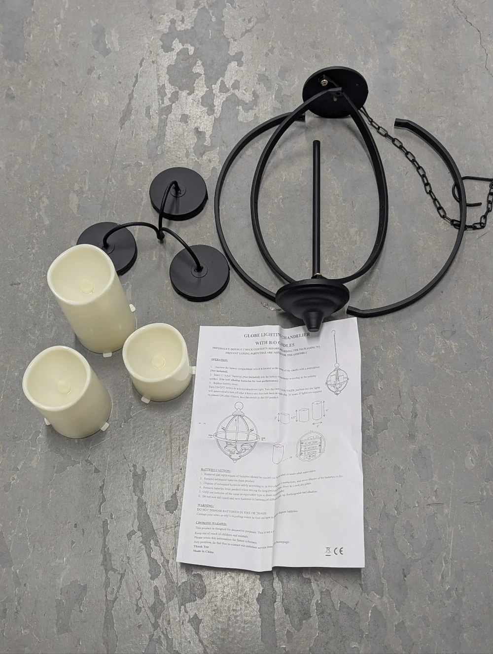 Battery Operated Outdoor Candle Chandelier -‎ Black Metal Globe Hanging Pendant
